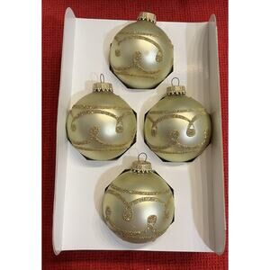 4 Vtg Holiday Time by Rauch Round Satin Lt Green Glass Ornaments w/Glitter Decor
